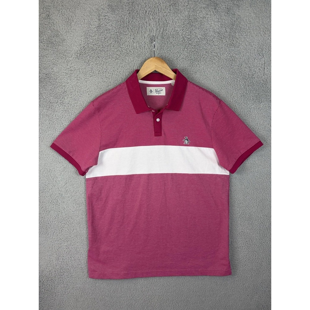 Original Penguin Polo Shirt Mens Large Pink Stripe Colorblock Jersey Logo Casual
